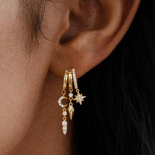Gold Dangle Earrings for Women, 14k Gold Plated Statement Triple Hoop Illusion Gold Earrings Cubic Zirconia Star and Moon Huggie Earrings for Women Trendy - Thumbnail 3