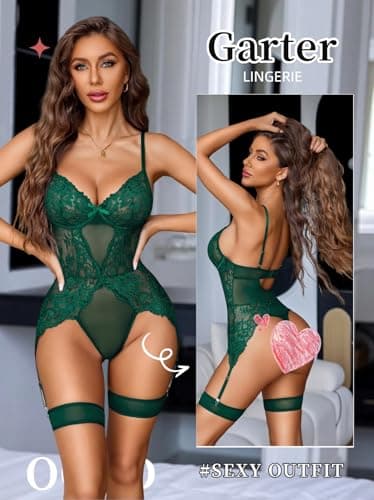 Avidlove Sexy Lace Lingerie Sexy Lace Bodysuit with Adjustable Garter, Vintage Inspired Lingerie for Date Night & Photoshoots Green L - Thumbnail 4
