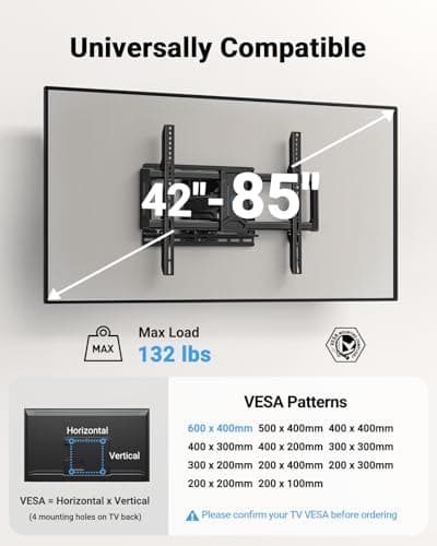 Pipishell Full Motion TV Wall Mount for 42-85 inch LED TVs up to 132lbs, Fits 65 75 Inch Swivel TV Mount Bracket with Articulating Arms, Max VESA 600x400mm, Fits 12” 16" Wood Studs - Thumbnail 2