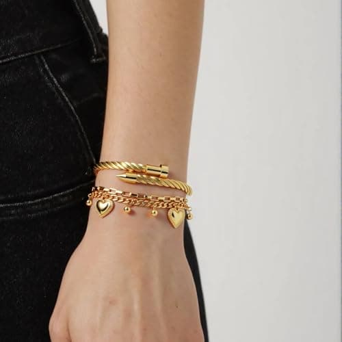 LCTrusttmor Gahna Heart Charms Bracelets for Women, Stackable 18K Gold Plated Heart Charm with Adjustable Layered Link Chain Set Dainty Jewelry Gifts - Thumbnail 2