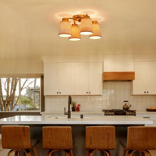 Majhoiw Boho Rattan 4-Light Flush Mount Ceiling Light Fixture 18" Coastal Farmhouse Chandeliers Rustic Ceiling Lamp for Dining Room Bedroom Entryway Foyer Living Room - Thumbnail 6