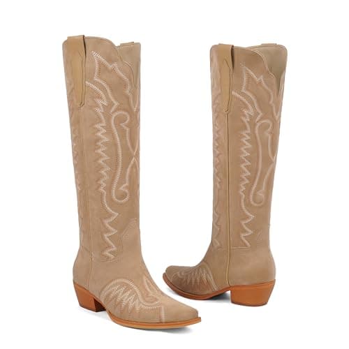 Easyfox Suede Cowboy Boots for Women Knee High Camel Cowgirl Boots Square Toe Chunky Heel Embroidery Vintage Western Boots Womens Size 9.5 - Thumbnail 4