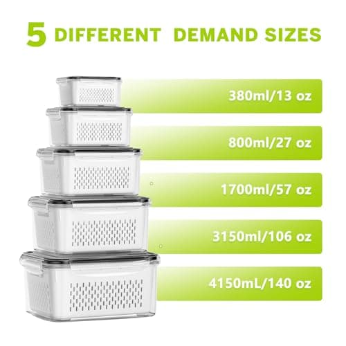 HOMETALL 5 Pack Fruit Storage Containers for Fridge, Plastic Fruit Containers for Fridge with Removable Colanders, Leakproof Fridge Organizers and Storage for Berry Vegetable Salad Lettuce Meat Food - Thumbnail 3