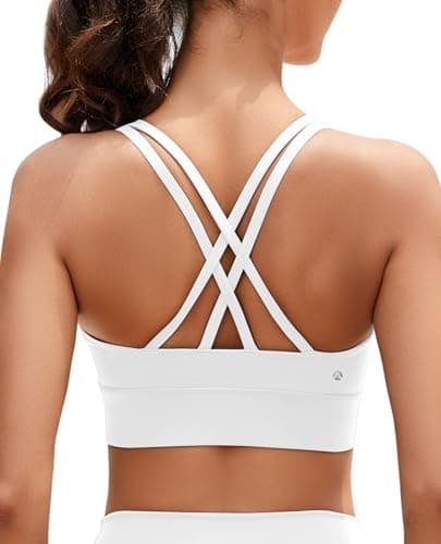 AegisChic White Strappy Sports Bra for Women Yoga Sports Bras Criss-Cross Back Workout Medium Support with Removable Cups - Image 1