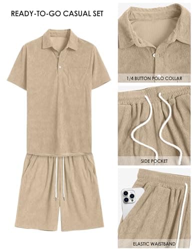 ZAFUL Mens Beach Outfit 2025 Corduroy 1/4 Button Polo Shirt Easter Outfits 2 Piece Set Summer Clothes Beige Large - Thumbnail 6