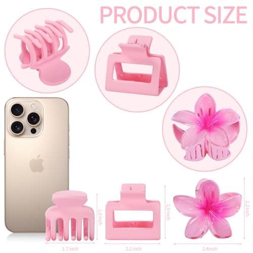 Hair Clips for Women 9 Pack Medium Claw Clips, No Slip Strong Hold Hair Clips for Thick & Thin Hair, Flower Square Aesthetic Styles for Everyday Styling, Trendy Hair Accessories (Pink) - Thumbnail 3