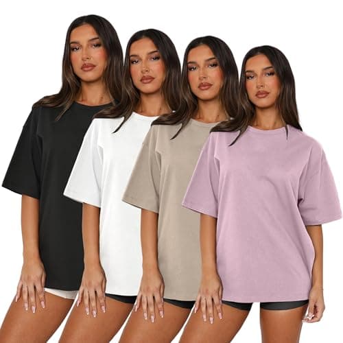 MAPICK 4 Pack Oversized Tshirts for Women Crew Neck Loose Fit Summer Baggy Tee Tops Short Sleeve Workout Shirt Clothes(1 Dark Pink 1 Khaki 1 White 1 Black,Small) - Image 1