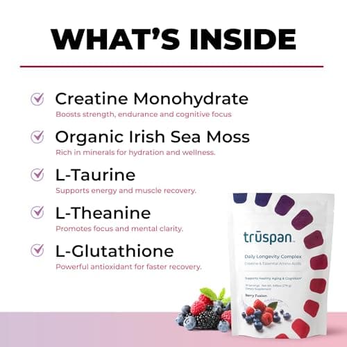 TruSpan Daily Longevity Complex Creatine Powder, with Essential Amino Acids, Sugar Free, Berry Fusion Flavor, 30 Servings - Thumbnail 2