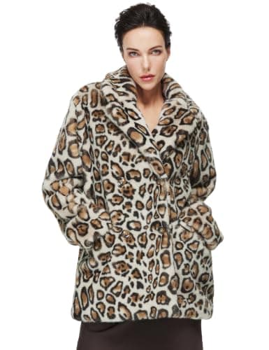 BEAUZSUZSANA Leopard Print Faux Fur Coat Luxurious Long Sleeve Jacket with Pockets Winter Party Blazer Evening Out Coat(Light Leopard,L)