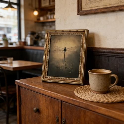 Gold Framed Wall Art, Vintage Dragonfly Canvas Prints - Gothic Dark Moody Insect Pictures, Rustic Retro Nature Cottagecore Animal Decor Gallery Artwork for Living Room, Bedroom 12x16 inch - Thumbnail 6