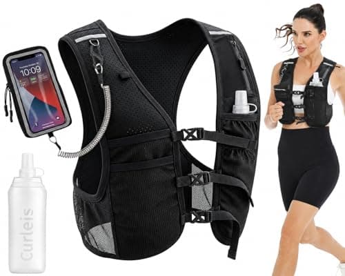 Running Vest with Touchscreen Phone Holder, 500ml/17oz Water Bottle Vest, Reflective Hydration Vest, 6 Pockets Zip Runners Vest – Lightweight, Adjustable, Breathable, Unisex