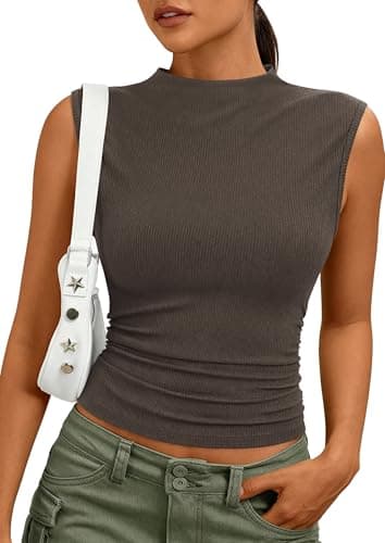 PRETTYGARDEN Sleeveless Tops for Women Ribbed Mock Neck Tank Top Slim Fitted Ruched Basic Layering Shirts 2026 Summer Clothes (Brown,Large) - Image 1