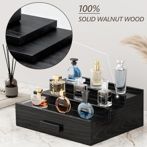 Hrbjunuo Solid Walnut Cologne Organizer for Men,3 Tier Cologne Stand,Wooden Cologne Holder Display Shelf with Drawer Storage and Hidden Compartment,Black Perfume Stand Organizer,Gifts for Men Husband - Thumbnail 4