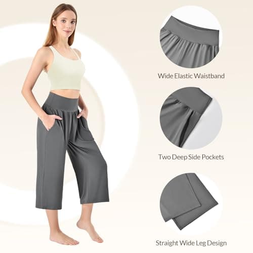 Ipletix Capri Pants for Women High Waisted Casual Wide Leg Yoga Pants with Pockets for Travel Gym Exercise 23" Inseam Black L - Thumbnail 5