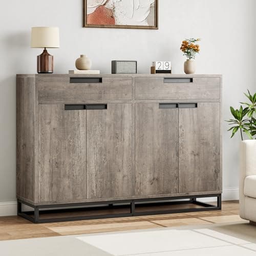 GarveeHome Sideboard Buffet Cabinet, 55-Inch Large Modern Kitchen Accent Storage Cabinet with 2 Drawers and 4 Doors, Coffee Bar Buffet Table for Kitchen and Dining Room, Grey - Image 1