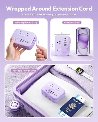 NTONPOWER Purple Travel Power Strip, 6 Outlets 4 USB Ports(2 USB C), 4ft Purple Extension Cord Wrapped Around Small Power Strip, Compact for Travel, Hotel, Cruise Approved - Thumbnail 2