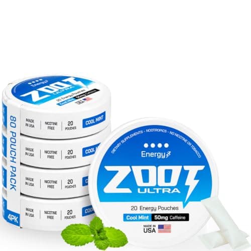 Zoot Pouches | Ultra Focus & Energy Blend | Cool Mint - 80 Pouches | 50mg Caffeine, Alpha GPC, L-Tyrosine, L-Theanine | 4 Pack | Made in USA