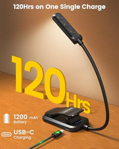 Glocusent 13 LED Rechargeable Book Light for Reading at Night, Eye-Caring 3 Amber Colors & Stepless Dimming, Lasts 1 Week to 2 Months, Travel Clip on Lamp, Gifts for Book Lovers, Men, Women & Kids - Thumbnail 5
