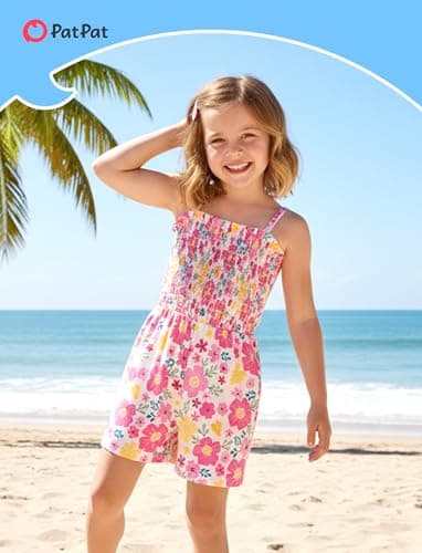 PATPAT Toddler Girl Romper 6T, Hot Pink Ditsy Floral Print Adjustable Spaghetti Strap Summer Rompers, Girls Romper 6 Cute Summer Outfits - Thumbnail 5