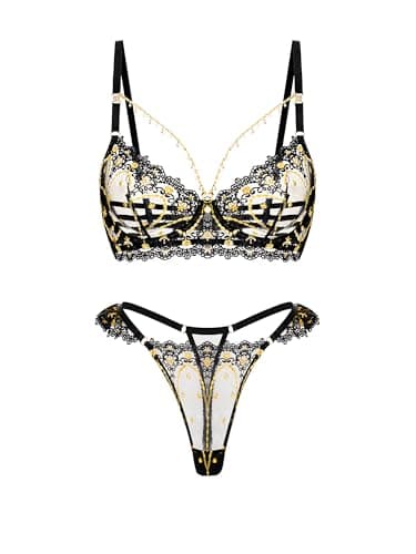 HELLOLAGIRL Sexy Lingerie Set for Women,Lace Womens Lingeries flower Chain Lingerie 3 Piece with Garter Belt (BLACK-2SET, M) - Thumbnail 5