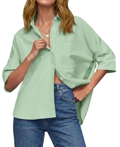Cicy Bell Womens Summer Oversized Button Down Shirts Half Sleeve V Neck Business Casual High Low Tops Loose Fit Blouses Light Green
