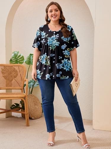 AusLook Plus Size Floral Tunic Tops for Women Pleated Babydoll Blouse Short Sleeve Round Neck Loose Fit Casual Flowy Black Blue Lily Bouquet 4X Tunic Shirts Summer Tops to Wear with Leggings - Thumbnail 5