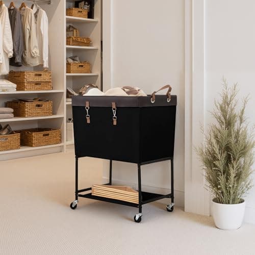 StorageWorks Laundry Cart, 2 Tier Rolling Laundry Basket, Heavy Duty Laundry Basket with Lockable Wheels, Laundry Room Organization and Storage, Clothes Hamper for Bedroom, Dorm, Closet, 29Gal, Black - Thumbnail 6