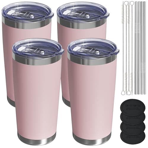 UIRZOTN Travel Coffee Tumbler 20oz, 4 Pack Leakproof Travel Coffee Mug with Lid and Straw, Stainless Steel Double Wall Vacuum Insulated Tumbler for Hot/Iced Drinks (Textured Matte, Soft Pink)