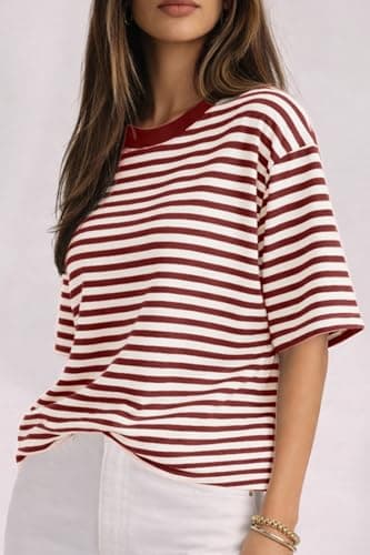 CHYRII Womens Oversized Striped T Shirts Crewneck Short Sleeve Fashion 2026 Casual Loose Fit Summer Y2K Tops (Red XL) - Thumbnail 2