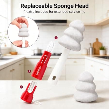 3-in-1 Cup Cleaner, 360° Dead-Angle Cleaning Brush with Extra Replaceable Head, Standable & Hangable, Baby & Pregnant Safe, Fits Mugs Thermoses Pacifiers, 2.8x6.3in/7x16cm - Thumbnail 3