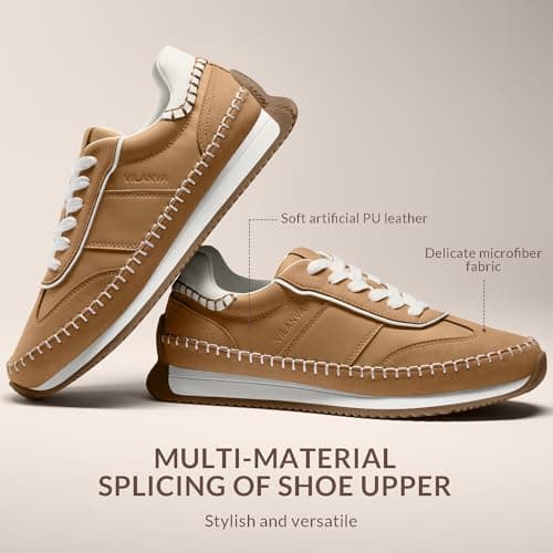 Vilanva Women's Camel Fashion Sneakers Casual Tennis Shoes with Non-Slip Retro Gum Sole Ladies Walking Trendy Footwear Size 10 - Thumbnail 3