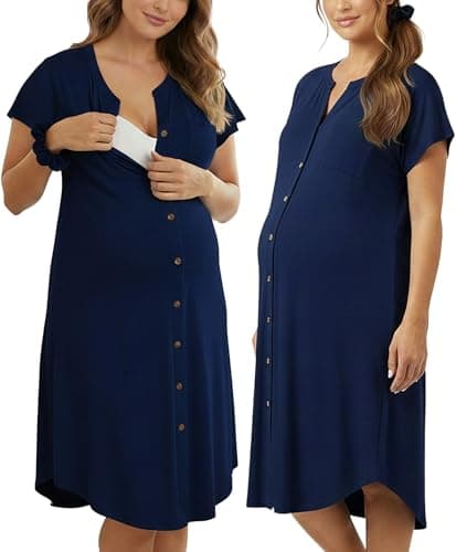 PATPAT Maternity Nursing Nightgown for Pregnancy & Postpartum,Button-Front V-Neck Breastfeeding Sleep Dress with Pockets,Navy Blue,X-Large - Image 1