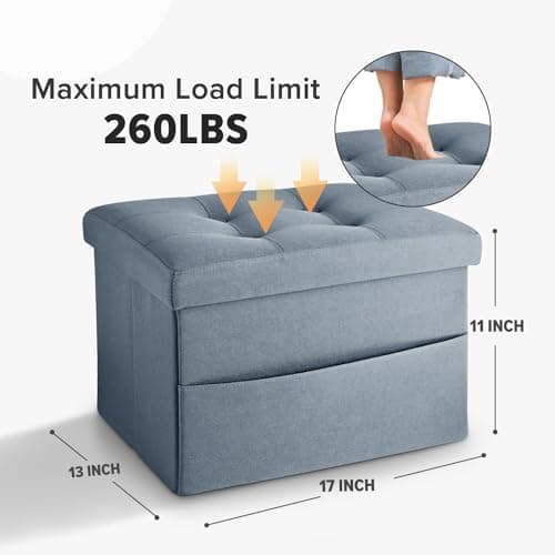 LINMAGCO Storage Ottoman Folding Foot Stool Ottoman with Side Pocket Modern Short Sofa Stool Linen Cloth 17x13x13(FogBlue) - Thumbnail 2