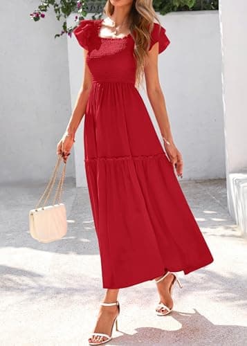 KIRUNDO Smocked Summer Dresses for Women 2026 Wedding Guest Midi Flowy Ruffle Short Sleeve Square Neck Tiered Sundress(Red, XX-Large) - Thumbnail 5