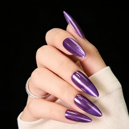 Cat Eye Press on Nails Medium, Fashion Purple Glitter Press on Nails, Soft Gel Fake Nails, Reusable & Natural Acrylic False Nails, Stick on Nails for Women Gift, Glue on Nails Kit 30 Pcs - Thumbnail 3