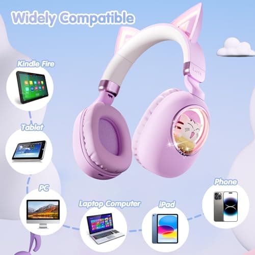 esonstyle Cat Ear Headphones for Kids - Bluetooth 5.4 On-Ear Noise Cancelling Headphones with Microphone 85dB Safe Volume Limit Wireless or 3.5mm Wired Mode USB C for School Learning Travel (Purple) - Thumbnail 3