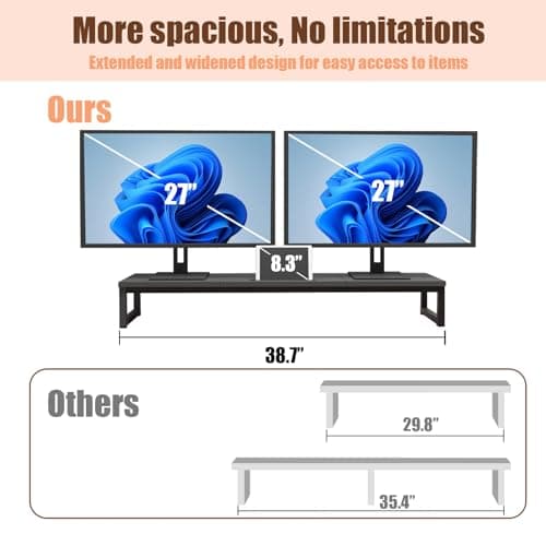 huacz Dual Monitor Stand Riser, 38.7'' Long Wood and Steel Monitor Stand for 2 Monitors, Ergonomic Desktop Organizer with Tablet Stand for Computer,Laptop,TV (Black) - Thumbnail 5