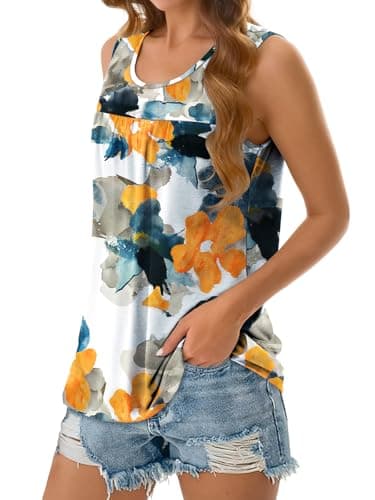 NORACORA Womens Summer Tank Tops Sleeveless T Shirt Casual Loose Fit Tunic Blouses Yellow Floral XXL - Thumbnail 2