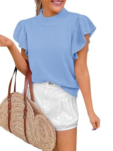Short Sleeve Sweater Tops for Women Summer Cropped Casual Loose Mock Neck Lightweight Knit Pullover Sweaters Blue M