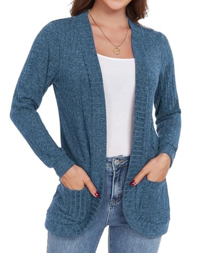 GRECERELLE Womens Long Sleeve Open Front Cardigan Casual V-Neck Curved Hem Ribbed Knit Sweater Outerwear Blue, Small - Image 1