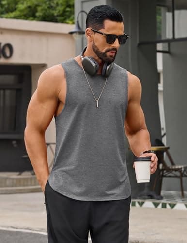 COOFANDY Cotton Tank Tops Men Cut Off Shirts for Men Workout Fitness Gym Tanks Sleeveless Shirt Lightweight Activewear Tops Dark Grey - Thumbnail 5