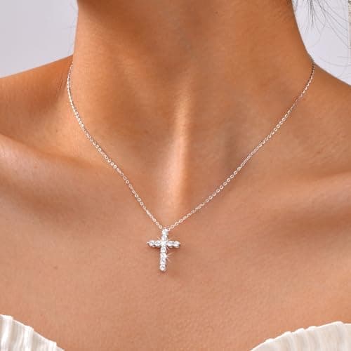 Juvux Cross Necklaces for Women 925 Sterling Silver 18K Gold Plated Cubic Zirconia Cross Pendant Necklace Simple Jesus Cross Necklace Cute Simulated Diamond Jewelry Minimalist Easter Gift (Silver) - Thumbnail 2
