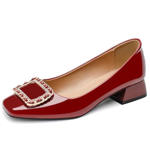 QFDZLA Women's Low Chunky Block Heel Pumps Comfortable Leather Square Toe Dress Shoes Slip On Block Heel for Office Lady Shoes Burgundy Size 9 - Thumbnail 3