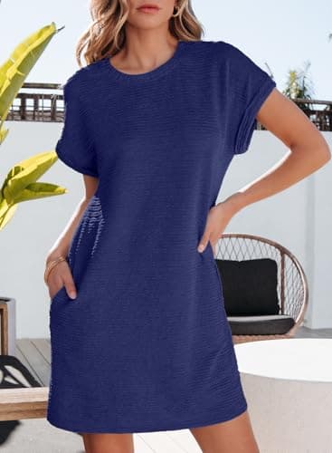 EVALESS Womens Summer Dresses 2026 Fashion Short Sleeve Cute Spring Mini Dress Crewneck Solid Casual Beach Vacation Tshirt Dresses - Thumbnail 2