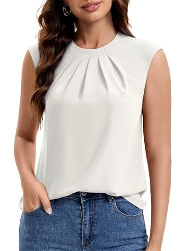 Funlingo Dressy Top for Women Summer Trendy Short Sleeve Blouses Crew Neck Pleated Business Casual Shirts Interview Work Clothes L White - Image 1