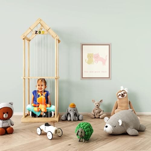 Eniffbaa Stuffed Animal Storage Zoo, 60.6" Tall Solid Pine Toy Storage Organizer, Reinforced Wooden Base & House Shape Plushie Holder Cage, Large 3D Plaque for Nursery Bedroom Playroom Decor (Natural) - Thumbnail 6