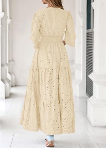 Lazysmile Long Sleeve Dresses for Women V Neck Hollow Out Eyelet Ruffle Swing A-Line Fall Vacation Boho Maxi Dress Apricot - Thumbnail 2