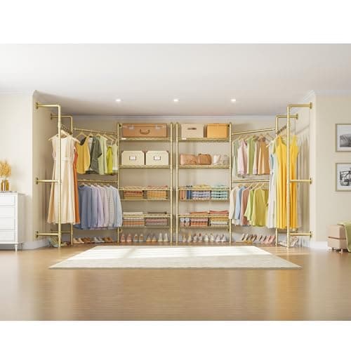 Timate X3 Expandable Heavy Duty Clothes Rack Wall Mounted Clothing Rack for Hanging Clothes, Industrial Pipe Closet System for Walk in Closet Kit, Wall Mount Clothes Rack with Basket, Gold Wall Closet - Thumbnail 4