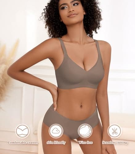POSESHE Womens Comfortable Bras Wireless Full Coverage Bralettes Seamless Tshirts Bras Push Up Bra with Extender Coffee - Thumbnail 2