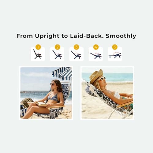 DEER LAND 5-Position Low Beach Chair, Portable Lightweight Folding Beach Chair with Wooden Armrests, Storage Pouch & Carry Strap, Coastal Beach Print – Reef Indigo - Thumbnail 5